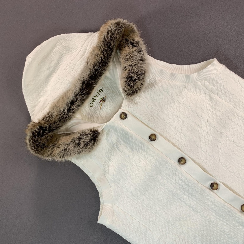 Orvis Knit Vest Women MD White Cable Knit Hooded Faux Fur Trim Button Front
